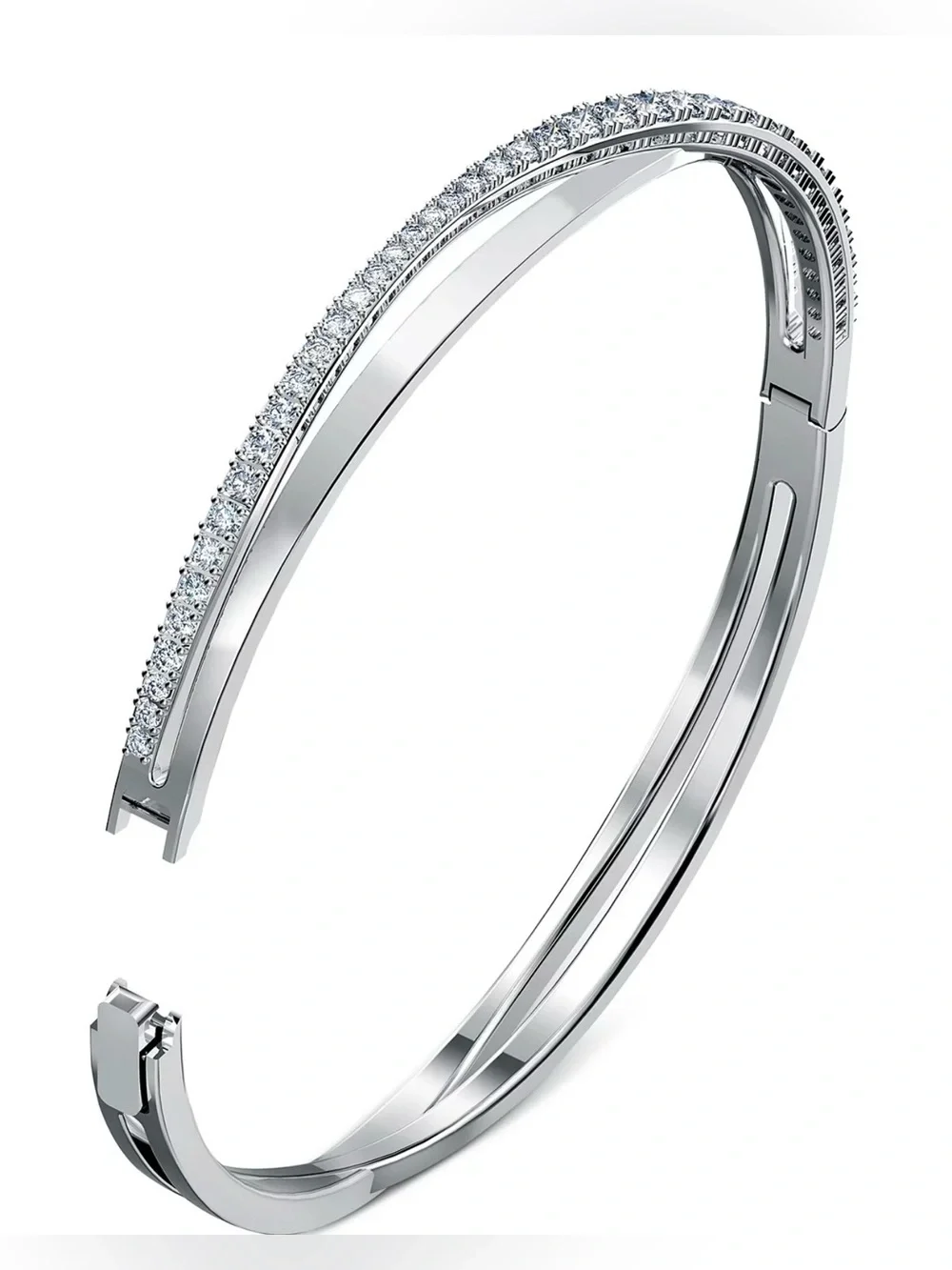 Swarovski Silver-Tone Pavé Twisted Double-Row Bangle Bracelet